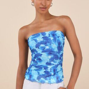 Lulus Maylin Blue Abstract Print Mesh Strapless Top - Size XS